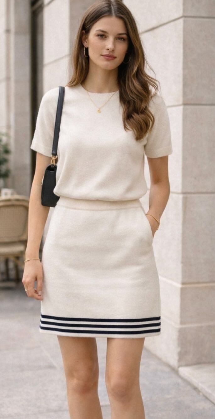 CASUAL CORNER Vintage Knit Skirt Cream Navy Stripe Hem Cotton Large